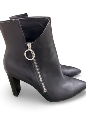 PAIGE Kate Asymmetrical Leather Point-Toe Ankle Bootie Black Size 12